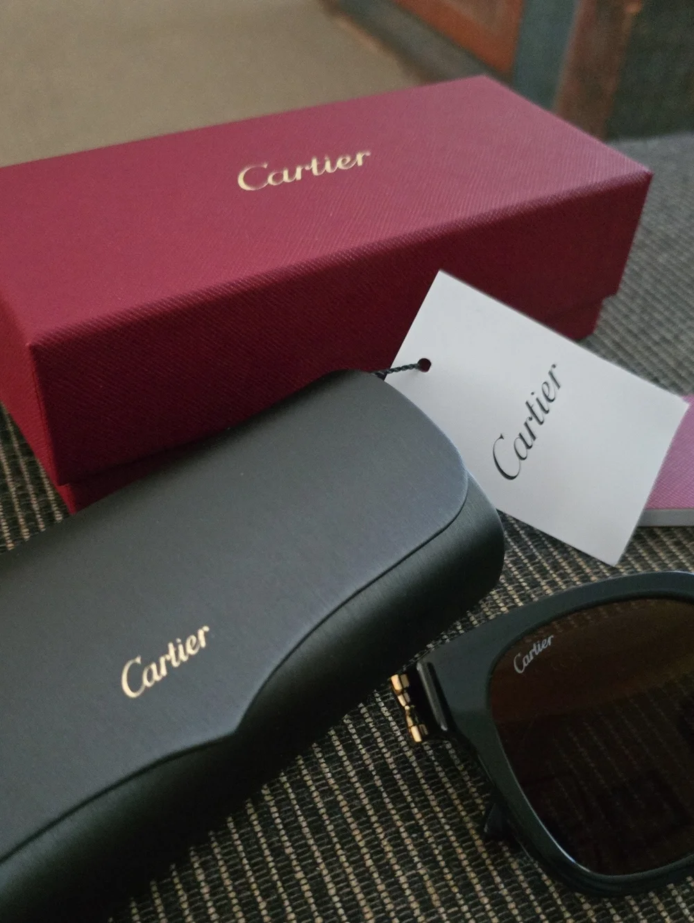 Cartier Black Frame Brown Lens Sunglasses with Red Box